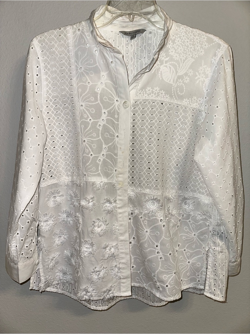 John Mark White Eyelet Embroidered Shirt 100% cotton size PS